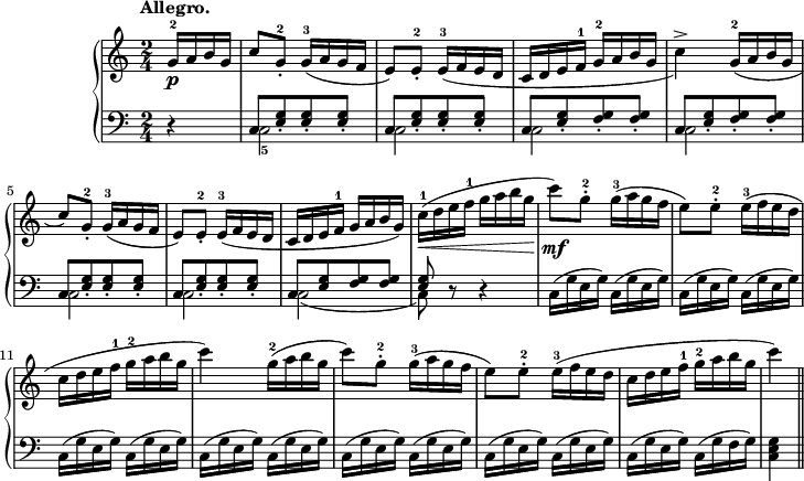 
sVarB = { r4 | << { \voiceOne c8[<e g>_. <e g>_. <e g>_.] | c8[<e g>_. <e g>_. <e g>_.] | c8[<e g>_. <f g>_. <f g>_.] | c8[<e g>_. <f g>_. <f g>_.] | c8[<e g>_. <e g>_. <e g>_.] | c8[<e g>_. <e g>_. <e g>_.] | c8[<e g> <f g> <f g>] | <e g>8 } \new Voice { \voiceTwo c2_5 | c2 | c2 | c2 | c2 | c2 | c2( | c8) } >> \oneVoice r8 r4 | c16([g' e g]) c,([g' e g]) | c,([g' e g]) c,([g' e g]) | c,([g' e g]) c,([g' e g]) | c,([g' e g]) c,([g' e g]) | c,([g' e g]) c,([g' e g]) | c,([g' e g]) c,([g' e g]) | c,([g' e g]) c,([g' f g]) | <c, e g>4 }

sVarA = { \partial 4 g16-2\p[a b g] | c8)[g-.-2] \slurDown g16-3([a g f] | e8)[e-.-2] e16-3([f e d] | c[d e f-1] g-2[a b g] | c4->) g16-2([a b g] | 
c8)[g-.-2] g16-3([a g f] | e8)[e-.-2] e16-3([f e d] | c[d e f-1] g[a b g]) | \slurNeutral c-1( \< [d e f-1] g[a b g]\! | c8)\mf[g-.-2] g16-3([a g f] | e8)[e-.-2] e16-3([f e d] | 
c[d e f-1] g-2[a b g] | c4) g16-2([a b g] | c8)[g-.-2] g16-3([a g f] | e8)[e-.-2] e16-3([f e d] | c[d e f-1] g-2[a b g] | c4) \bar "||" }

\paper { #(set-paper-size "a4") oddHeaderMarkup = \evenHeaderMarkup }
\header { tagline = ##f }
\version "2.18.2"
\score {
\midi {  }
\layout { line-width = #180
\context { \PianoStaff \consists #Span_stem_engraver } indent = 2\cm}
\new PianoStaff <<
  \new Staff { \clef 
"violin" \key c \major \time 2/4 \tempo \markup { \bold "Allegro." } \relative f' { \sVarA } }
  \new Staff { \clef "bass" \key c \major \time 2/4 \relative c { \sVarB } }
>> }