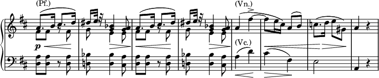 
\relative c'' {
  \new PianoStaff <<
   \new Staff \with { \remove "Time_signature_engraver" } { \key d \major \time 2/4 \set Score.tempoHideNote = ##t \tempo "" 4=96
    <<
     {
      a8.^\markup (Pf.) ( b16 cis8. d16) dis e32 f\rest <bes, g>4 <a g>8
      a8.( b16 cis8. d16) dis e32 f\rest <bes, g>4 <a g>8
      \stemNeutral a4^\markup (Vn.) ( fis'-> ~ fis8( e16 cis) a8( b) c8.( d16 e8 gis,) a4 b\rest
     }
    \\
     { fis8 fis g\rest fis g e4 e8 fis8 fis g\rest fis g e4 e8 }
    >>
   }
   \new Dynamics {
    s8\p \< s4 s8\! s s4\> s8\! s4\< s8 s\! s s4\> s8\! s2 s4\< s s8 s\> s s\!
   }
   \new Staff \with { \remove "Time_signature_engraver" } { \key d \major \time 2/4 \clef bass
    <a, d,>8 q r q <bes d,!> q4 <a cis,>8 <a d,>8 q r q <bes d,!> q4 <a cis,>8
    a4^\markup (Vc.) _\< ( d\! ) cis_\>( fis,\! ) e2 a,4 r
   }
  >>
 }
