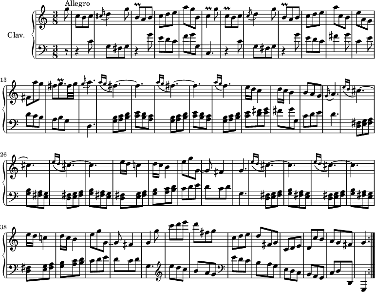 
\version "2.18.2"
\header {
 tagline = ##f
 % composer = "Domenico Scarlatti"
 % opus = "K. 407"
 % meter = "Allegro"
}

%% les petites notes
trillBqDown = { \tag #'print { b,8\prall } \tag #'midi { c32 b c b } }
trillC = { \tag #'print { c4\prall } \tag #'midi { d32 c d c~ \tempo 4. = 50 c8 \tempo 4. = 72 } }
trillCqDown = { \tag #'print { c,8\prall } \tag #'midi { d32 c d c } }
trillGqp = { \tag #'print { g8.\prall } \tag #'midi { a32 g a g~ g16 } }

upper = \relative c'' {
 \clef treble 
 \key c \major
 \time 3/8
 \tempo 4. = 72

 \repeat volta 2 {
 s8*0^\markup{Allegro}
 \partial 8 g'8 | c, b c | \appoggiatura cis16 d4 g8 |
 \trillBqDown a8 b | c d e | a g b, | \trillC g'8 | \trillCqDown b8 c |
 % ms. 8
 \acciaccatura c8 d4 g8 | 
 \trillBqDown a8 b | c d e | a c, b | e a, g | fis a' g | fis \trillGqp fis32 g | \appoggiatura g16 \tempo 4. = 50 a4. \tempo 4. = 72
 % ms. 16
 \repeat unfold 2 { \grace { \tempo 4. = 50 a16( g } \tempo 4. = 72 fis4.~) | fis } \grace { \tempo 4. = 50 a16( g } \tempo 4. = 72 f4.) | e16 d c4 | d16 c b4 | b8 a g |
 % ms. 24
 \appoggiatura g16 \tempo 4. = 50 a4. \tempo 4. = 72 | \repeat unfold 2 { \grace { \tempo 4. = 50 e'16( d } \tempo 4. = 72 cis4.~) | cis } | e16 d c!4 | d16 c b4 | e8 g g,~ | g fis4 |
 % ms. 33
 g4. | \repeat unfold 2 { \grace { \tempo 4. = 50 e'16( d } \tempo 4. = 72 cis4.~) | cis } | e16 d c!4 | d16 c b4 | e8 g g,~ | g fis4 |
 % ms. 42
 g4 g'8 | c8 d e | d fis, g | c, d e | d fis, g | c, d e | d c' b | a \tempo 4. = 60 g fis | \tempo 4. = 35 g4 \tempo 4. = 72 }%repet

}

lower = \relative c' {
 \clef bass
 \key c \major
 \time 3/8

 \repeat volta 2 {
 % ************************************** 
 r8 | r4 c8 | g fis g | r4 g'8 | e d c | f g g, | c,4. | r4 c'8 |
 % ms. 8
 g8 fis g | r4 g'8 | e d c | fis4 g8 | c,4 e8 | d c b | a b g | d4. |
 % ms. 16
 \repeat unfold 2 { < g b >8 < a c > < b d > | < c e > < b d > < a c > } |
 < g b >8 < a c > < b d > | < e c >8 < d fis > < e g > | fis g g, | c d e | 
 % ms. 24
 d4. | \repeat unfold 2 { \repeat unfold 2 { < d, fis >8 < e g > < fis a > | < g b > < fis a > < e g > } |
 < d fis >8 < e g > < fis a > | < g b > < a c > < b d > | c d e | d c d |
 % ms. 42
 g,4. } \clef treble | e''8 d c | b a g | \clef bass e d c | b a g | e d c | b a g | c d d, | g,4 }%repet

}

thePianoStaff = \new PianoStaff <<
 \set PianoStaff.instrumentName = #"Clav."
 \new Staff = "upper" \upper
 \new Staff = "lower" \lower
 >>

\score {
 \keepWithTag #'print \thePianoStaff
 \layout {
 #(layout-set-staff-size 17)
 \context {
 \Score
 \override TupletBracket.bracket-visibility = ##f
 \override SpacingSpanner.common-shortest-duration = #(ly:make-moment 1/2)
 \remove "Metronome_mark_engraver"
 }
 }
}

\score {
 \unfoldRepeats 
 \keepWithTag #'midi \thePianoStaff
 \midi { \set Staff.midiInstrument = #"harpsichord" }
}
