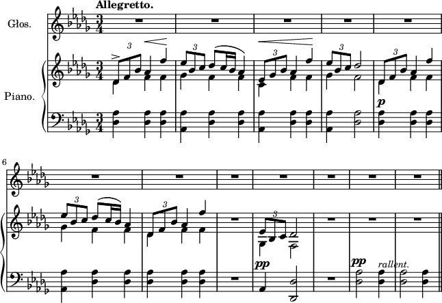 
sVarC = {  }

sVarCp = { \stemDown <des aes'>4 <des aes'> <des aes'> | <aes aes'> <des aes'> <des aes'> | <aes aes'> <des aes'> <des aes'> | <aes aes'> <des aes'>2 | <des aes'>4^\p <des aes'> <des aes'> | <aes aes'> <des aes'> <des aes'> | <des aes'> <des aes'> <des aes'> | R2. | \stemUp aes4^\pp <des, des'>2 | R2. | \stemDown <des' aes'>2^\pp <des aes'>4^\markup { \small \italic "rallent." } | <des aes'>2 <des aes'>4 }

sVarA = { R2.*12 \bar "||" }

lVarB = \lyricmode {  }

sVarB = { \override TupletBracket #'direction = #UP << { \voiceOne \tuplet 3/2 { des8->[f bes] } aes4^\< f'4\! | \tuplet 3/2 { es8[bes c] } des8([c16 bes] aes4) | \tuplet 3/2 { es8^\<[ges bes] } aes4 f'\! | \tuplet 3/2 { es8[bes c] } des2 | \tuplet 3/2 { des,8[f bes] } aes4 f' | \tuplet 3/2 { es8[bes c] } des8([c16 bes]) aes4 | \tuplet 3/2 { des,8[f bes] } aes4 f' } \new Voice { \voiceTwo des,4 f f | ges f f | c f f | ges f2 | des4 f f | ges f f | des f f } >> \oneVoice | R2. | << { \voiceOne \tuplet 3/2 { es8[bes c] } des2 } \new Voice { \voiceTwo ges,4 f2 } >> | \oneVoice R2.*3 }

lVarA = \lyricmode {  }

sVarCk = {  }

\paper { #(set-paper-size "a4")
 oddHeaderMarkup = "" evenHeaderMarkup = "" }
\header { tagline = ##f }
\version "2.18.2"
\score {
\midi {  }
\layout { line-width = #160
}
<<
  \new Staff \with { instrumentName = #"Głos." } { \clef "violin" \key des \major \time 3/4 \tempo \markup { \bold "Allegretto." } \autoBeamOff \relative c' { \sVarA } }
  \addlyrics { \lVarA }
  \addlyrics { \lVarB }
  \new PianoStaff \with { instrumentName = #"Piano." } <<
    \new Staff = "up" { \clef "violin" \key des \major \time 3/4 \relative d' { \sVarB } }
    \new Staff = "down" { \clef "bass" \key des \major \time 3/4 \relative e { \sVarCp \repeat volta 2 { \sVarC } \sVarCk } }
  >>
>> }