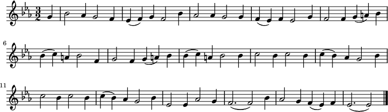 \relative es'  { \key es \major \time 3/2\partial 4 {g bes2 as4 g2 f4 es (f) g f2 bes4 as2 as4 g2 g4 f (es) f es2 g4 f2 f4 g (a) bes bes (c) a bes2 f4 g2 f4 g (a) bes bes (c) a bes2 bes4 c2 bes4 c2 bes4 c (bes) as g2 bes4 c2 bes4 c2 bes4 c (bes) as g2 bes4 es,2 es4 as2 g4 f2. (f2) bes4 as2 g4 f (es) f es2. (es2) \bar "|." } } 