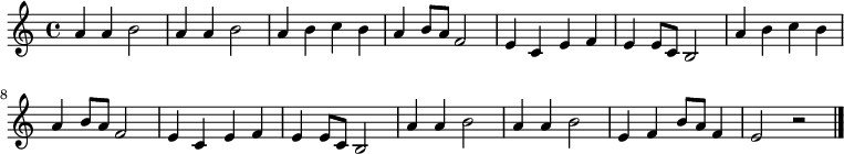 \n\\relative c' {\n\\time 4/4 \\key c \\major\na'4 a4 b2 a4 a4 b2 a4 b4 c4 b4 a4 b8 a8 f2\ne4 c4 e4 f4 e4 e8 c8 b2 a'4 b4 c4 b4 a4 b8 a8 f2\ne4 c4 e4 f4 e4 e8 c8 b2 a'4 a4 b2 a4 a4 b2\ne,4 f4 b8 a8 f4 e2 r2\n\\bar "|."\n}\n\\addlyrics {\nさ く ら さ く ら\nや よ い の そ ら ー は\nみ わ た す か ぎ ー り\nか す み か く も ー か\nに お い ぞ い ず ー る\nい ざ や い ざ や\nみ に ゆ ー か ん\n}\n