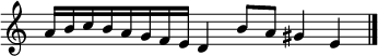 
\relative c'' {
  \override Staff.TimeSignature #'stencil = ##f
  \key c \major
  \time 3/2
  a16 b c b a g f e d4 b'8 a gis4 e
  \bar "|."
}
