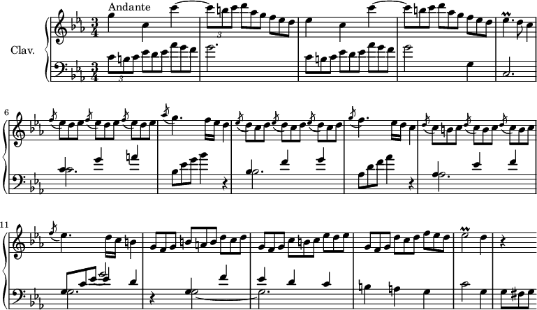 
\version "2.18.2"
\header {
 tagline = ##f
 % composer = "Domenico Scarlatti"
 % opus = "K. 302"
 % meter = "Andante"
}

%% les petites notes
trillEesp = { \tag #'print { ees4.\prall } \tag #'midi { f32 ees f ees~ ees4 } }
trillEesb = { \tag #'print { ees2\prall } \tag #'midi { f32 ees f ees~ ees8~ ees4 } }

upper = \relative c'' {
 \clef treble 
 \key c \minor
 \time 3/4
 \tempo 4 = 90
 \set Staff.midiInstrument = #"harpsichord"
 \override TupletBracket.bracket-visibility = ##f

 s8*0^\markup{Andante}
 g'4 c, c'4~ | \times 2/3 { c8 b c } \omit TupletNumber \times 2/3 { d8[ aes g] } \times 2/3 { f8 ees d } | ees4 c c'4~ |
 % ms. 4
 \times 2/3 { c8 b c } \times 2/3 { d8[ aes g] } \times 2/3 { f8 ees d] } | \trillEesp d8 c4 | \repeat unfold 3 { \acciaccatura f8 \times 2/3 { ees8[ d es] } } \acciaccatura aes8 g4. f16 ees d4 |
 % ms. 8
 \repeat unfold 3 { \acciaccatura ees8 \times 2/3 { d8[ c d] } } \acciaccatura g8 f4. ees16 d c4 | \repeat unfold 3 { \acciaccatura d8 \times 2/3 { c8[ b c] } } |
 % ms. 11
 \acciaccatura f8 ees4. d16 c b4 | \times 2/3 { g8 f g } \times 2/3 { b8[ a b] } \times 2/3 { d8 c d } | \times 2/3 { g,8 f g } \times 2/3 { c8[ b c] } \times 2/3 { ees8 d ees } |
 % ms. 14
 \times 2/3 { g,8 f g } \times 2/3 { d'8[ c d] } \times 2/3 { f8 ees d } | \trillEesb d4 | r4

}

lower = \relative c' {
 \clef bass
 \key c \minor
 \time 3/4
 \set Staff.midiInstrument = #"harpsichord"
 \override TupletBracket.bracket-visibility = ##f

 % ************************************** \appoggiatura a16 \repeat unfold 2 { } \times 2/3 { } \omit TupletNumber 
 \times 2/3 { c8 b c } \omit TupletNumber \times 2/3 { ees8[ d ees] } \times 2/3 { aes8 g f } | g2. | \times 2/3 { c,8 b c } \omit TupletNumber \times 2/3 { ees8[ d ees] } \times 2/3 { aes8 g f } |
 % ms. 4
 g2 g,4 | c,2. | << { c'4 g' a } \\ { c,2. } >> \times 2/3 { bes8 ees g } bes4 r4 | 
 % ms. 8
 << { bes,4 f' g } \\ { bes,2. } >> \times 2/3 { aes8 d f } aes4 r4 | << { aes,4 ees' f } \\ { aes,2. } >>
 % ms. 11
 << { \omit TupletNumber \times 2/3 { g8 c ees_~ } \shiftOn ees4 d } \\ { s4 \stemUp g2 } \\ { \stemDown g,2. } >> r4 | << { g4 f' | ees d c } \\ { g2~ g2. } >>
 % ms. 14
 b4 a g | c2 g4 | \times 2/3 { g8 fis g }

}

thePianoStaff = \new PianoStaff <<
 \set PianoStaff.instrumentName = #"Clav."
 \new Staff = "upper" \upper
 \new Staff = "lower" \lower
 >>

\score {
 \keepWithTag #'print \thePianoStaff
 \layout {
 #(layout-set-staff-size 17)
 \context {
 \Score
 \override SpacingSpanner.common-shortest-duration = #(ly:make-moment 1/2)
 \remove "Metronome_mark_engraver"
 }
 }
}

\score {
 \keepWithTag #'midi \thePianoStaff
 \midi { }
}
