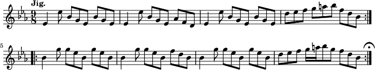 { \relative e' { \key ees \major \time 9/8 \tempo "Jig."
\repeat volta 2 {
 ees4 ees'8 bes g ees bes' g ees | ees4 ees'8 bes g ees aes f d |
 ees4 ees'8 bes g ees bes' g ees | d' ees f g a bes f d bes }
\repeat volta 2 {
 bes4 g'8 g ees bes g' ees bes | bes4 g'8 g ees bes f' d bes |
 bes4 g'8 g ees bes g' ees bes | d ees f g16 a bes8 g f d bes } \mark \markup { \musicglyph "scripts.ufermata" } } }