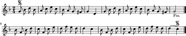 
\relative c'' {
  \key g \dorian
  \time 2/4
  \autoBeamOff
  g8\segno bes d bes
  a c e c
  bes a g fis
  g4 d
  g8 bes d bes
  a c e c
  bes a g fis
  g2_"Fin." \bar "|."

  bes8 f bes d
  c f, c' e
  d f e d
  d4 c
  bes8 f bes d
  c f, c' e
  d f e d
  d4( c)\segno
  \bar "|."
}
