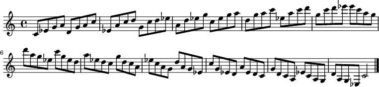 
{

\modalTranspose c c' { c d ees g a } { c8 ees g a } 
\modalTranspose c d' { c d ees g a } { c ees g a } 
\modalTranspose c ees' { c d ees g a } { c ees g a } 
\modalTranspose c g' { c d ees g a } { c ees g a } 
\modalTranspose c a' { c d ees g a } { c ees g a } 
\modalTranspose c c'' { c d ees g a } { c ees g a } 
\modalTranspose c d'' { c d ees g a } { c ees g a } 
\modalTranspose c ees'' { c d ees g a } { c ees g a } 
\modalTranspose c g'' { c d ees g a } { c ees g a } 

\modalInversion c ees''' { c d ees g a } { c ees g a } 
\modalInversion c d''' { c d ees g a } { c ees g a } 
\modalInversion c c''' { c d ees g a } { c ees g a } 
\modalInversion c a'' { c d ees g a } { c ees g a } 
\modalInversion c g'' { c d ees g a } { c ees g a } 
\modalInversion c ees'' { c d ees g a } { c ees g a } 
\modalInversion c d'' { c d ees g a } { c ees g a } 
\modalInversion c c'' { c d ees g a } { c ees g a } 
\modalInversion c a' { c d ees g a } { c ees g a } 
\modalInversion c g' { c d ees g a } { c ees g a } 
\modalInversion c ees' { c d ees g a } { c ees g a } 
\modalInversion c d' { c d ees g a } { c ees g a } 

c'2

\bar "|."
}
