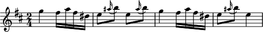 \header {  tagline = ##f}\score {  \new Staff \with {  }<<  \relative c''' {    \key d \major    \time 2/4    \tempo 4 = 140    \tempo "Allegro assai"    \override TupletBracket #'bracket-visibility = ##f     \autoBeamOff     %%%%%%%%%%%%%%%%%%%%%%%%%% Hob:XVIII,11 Rondo     g4 fis16[ a fis dis] e8[ \grace ais16( b8)] e,8[ \grace ais16( b8)] g4 fis16[ a fis dis] e8[ \grace ais16( b8)] e,4  }>>  \layout {    \context { \Staff \RemoveEmptyStaves }     \context { \Score \remove "Metronome_mark_engraver" }     }  \midi {}}