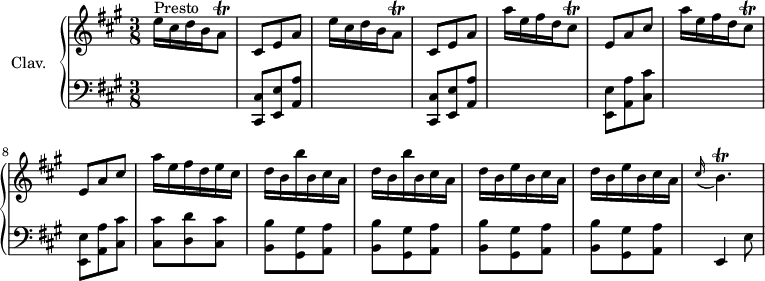 
\version "2.18.2"
\header { 
 tagline = ##f
 % composer = "Domenico Scarlatti"
 % opus = "K. 26"
 % meter = "Presto"
}

%% les petites notes
trillAq = { \tag #'print { a8\trill } \tag #'midi { b32 a b a } }
trillCisq = { \tag #'print { cis8\trill } \tag #'midi { d32 cis d cis } }
trillBp = { \tag #'print { b4.\trill } \tag #'midi { cis32 b cis b~ b4 } }


upper = \relative c'' {
 \clef treble 
 \key a \major
 \time 3/8
 \tempo 4. = 72
 \set Staff.midiInstrument = #"harpsichord"
 \override TupletBracket.bracket-visibility = ##f

 s8*0^\markup{Presto}
 \repeat unfold 2 { e16 cis d b \trillAq | cis,8 e a } | \repeat unfold 2 { a'16 e fis d \trillCisq | e,8 a cis }
 % ms. 9
 a'16 e fis d e cis | \repeat unfold 2 { d b b' b, cis a } | \repeat unfold 2 { d b e b cis a } | \appoggiatura cis16 \trillBp
 % ms. 15
 
 % ms. 16
 
 % ms. 21
 

}

lower = \relative c' {
 \clef bass
 \key a \major
 \time 3/8
 \set Staff.midiInstrument = #"harpsichord"
 \override TupletBracket.bracket-visibility = ##f

 % ************************************** \appoggiatura a8 \repeat unfold 2 { } \times 2/3 { } \omit TupletNumber 
 \repeat unfold 2 { s4. | < cis,, cis' >8 < e e' > < a a' > } | \repeat unfold 2 { s4. | < e e' >8 < a a' > < cis cis' > }
 % ms. 9
 < cis cis' >8 < d d' > < cis cis' > | \repeat unfold 4 { < b b' >8 < gis gis' > < a a' > } | e4 e'8 |
 % ms. 15
 
 % ms. 16
 
 % ms. 21
 

}

thePianoStaff = \new PianoStaff <<
 \set PianoStaff.instrumentName = #"Clav."
 \new Staff = "upper" \upper
 \new Staff = "lower" \lower
 >>

\score {
 \keepWithTag #'print \thePianoStaff
 \layout {
 #(layout-set-staff-size 17)
 \context {
 \Score
 \override SpacingSpanner.common-shortest-duration = #(ly:make-moment 1/2)
 \remove "Metronome_mark_engraver"
 }
 }
}

\score {
 \keepWithTag #'midi \thePianoStaff
 \midi { }
}
