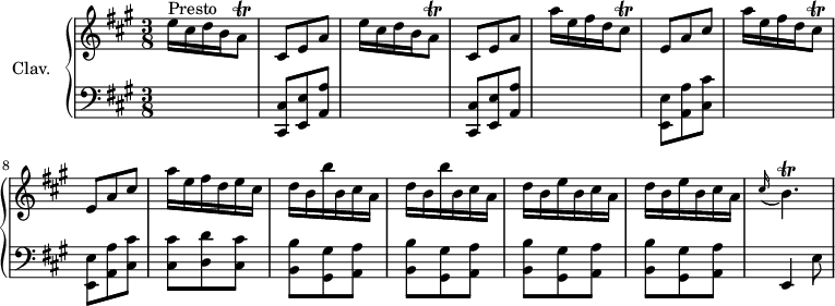 
\version "2.18.2"
\header { 
  tagline = ##f
  % composer = "Domenico Scarlatti"
  % opus = "K. 26"
  % meter = "Presto"
}

%% les petites notes
trillAq     = { \tag #'print { a8\trill } \tag #'midi { b32 a b a } }
trillCisq   = { \tag #'print { cis8\trill } \tag #'midi { d32 cis d cis } }
trillBp     = { \tag #'print { b4.\trill } \tag #'midi { cis32 b cis b~ b4 } }


upper = \relative c'' {
  \clef treble 
  \key a \major
  \time 3/8
  \tempo 4. = 72
  \set Staff.midiInstrument = #"harpsichord"
  \override TupletBracket.bracket-visibility = ##f

      s8*0^\markup{Presto}
      \repeat unfold 2 { e16 cis d b \trillAq | cis,8 e a } | \repeat unfold 2 { a'16 e fis d \trillCisq | e,8 a cis }
      % ms. 9
      a'16 e fis d e cis | \repeat unfold 2 { d b b' b, cis a } | \repeat unfold 2 { d b e b cis a } | \appoggiatura cis16 \trillBp
      % ms. 15
      
      % ms. 16
      
      % ms. 21
      

}

lower = \relative c' {
  \clef bass
  \key a \major
  \time 3/8
  \set Staff.midiInstrument = #"harpsichord"
  \override TupletBracket.bracket-visibility = ##f

    % ************************************** \appoggiatura a8  \repeat unfold 2 {  } \times 2/3 { }   \omit TupletNumber 
      \repeat unfold 2 { s4. | < cis,, cis' >8 < e e' > < a a' > } | \repeat unfold 2 { s4. | < e e' >8 < a a' > < cis cis' > }
      % ms. 9
      < cis cis' >8 < d d' > < cis cis' > | \repeat unfold 4 { < b b' >8 < gis gis' > < a a' > } | e4 e'8 |
      % ms. 15
      
      % ms. 16
      
      % ms. 21
      

}

thePianoStaff = \new PianoStaff <<
    \set PianoStaff.instrumentName = #"Clav."
    \new Staff = "upper" \upper
    \new Staff = "lower" \lower
  >>

\score {
  \keepWithTag #'print \thePianoStaff
  \layout {
      #(layout-set-staff-size 17)
    \context {
      \Score
     \override SpacingSpanner.common-shortest-duration = #(ly:make-moment 1/2)
      \remove "Metronome_mark_engraver"
    }
  }
}

\score {
  \keepWithTag #'midi \thePianoStaff
  \midi { }
}
