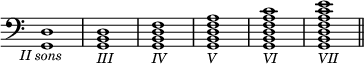 
\language "italiano"
lower = \relative do {
  \clef bass
  <re sol,>1_\markup { \halign #0 \italic "II sons"} | <re si sol>_\markup \italic "III" | <fa re si sol>_\markup \italic "IV" | <la fa re si sol>_\markup \italic "V" | <do la fa re si sol>_\markup \italic "VI" | <mi do la fa re si sol>_\markup \italic "VII" \bar "||"
}

\score {
  <<
    \new Staff {
      \new Voice  {
        \lower
      }
    }
  >>
  \layout {
    \context { \Staff 
               \RemoveEmptyStaves 
               \remove "Time_signature_engraver"
             }
    indent = 0\cm
    \override Score.BarNumber #'stencil = ##f
    line-width = #120
    \set fontSize = #-1

  }
  \midi { }
}
\header { tagline = ##f}
