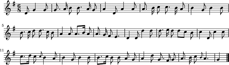 
\relative c' {
  \key g \major
  \time 6/8
  \partial 2
  \autoBeamOff
  d8 g4 g8
  g8. a16 b8 b8. a16 g8
  a4 d,8 a'4 a8
  a8. b16 c8 c8. b16 a8
  b4 g8 b4 b8
  b8. c16 d8 d8. c16 b8

  a4 a8 a8.[ b16] a8
  a8. g16 fis8 e4.
  d4 d8 d'4 d8
  d8. e16 d8 d[ c] b
  c4 d,8 c'4 c8
  c8.[ d16] c8 \grace c b4 a8 %une croche de trop -> noire pointée->noire

  % tourne

  b4 g8 b4 b8
  b8.[ c16] b8 b a g
  a4 d8 g,8. fis16 g8
  a8. b16 c8 \grace b a4.
  g4
  \bar "|."
}
