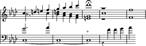 { \override Score.TimeSignature #'stencil = ##f \override Score.Rest #'style = #'classical \time 4/4 \key f \minor << \relative c'' << { c4 d e f g aes bes c des1\fermata r f, } \\ { bes,2. c4 << { d c bes aes g1 } { bes4 aes g f e1 } >> r f } \\ { s1 s s c' } >>
\new Staff { \clef bass \key f \minor \relative g' << { g2. aes4 } \\ { c,,1 ~ c ~ c^"*" r4 f' f g aes } >> } >> }