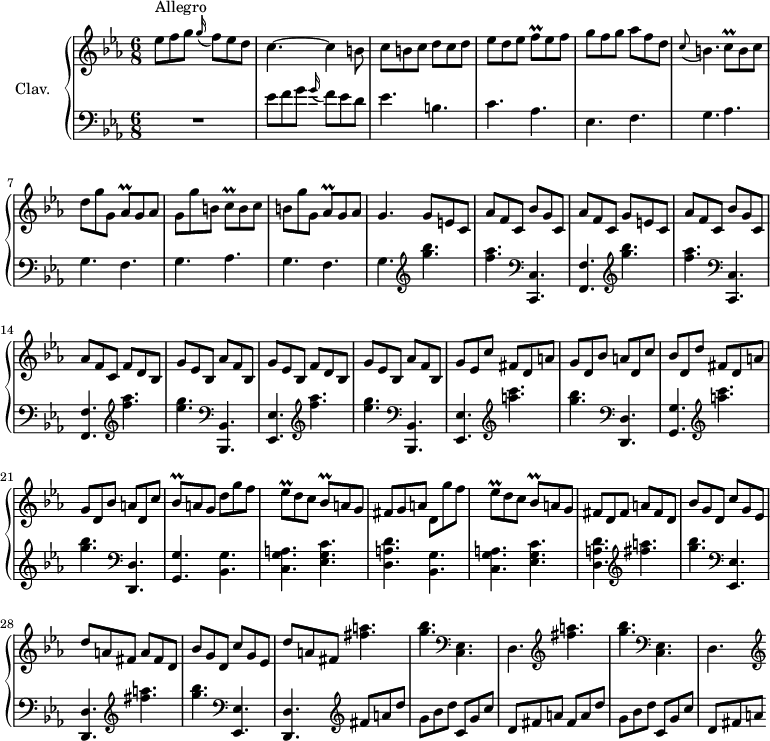 
\version "2.18.2"
\header {
  tagline = ##f
  % composer = "Domenico Scarlatti"
  % opus = "K. 174"
  % meter = "Allegro"
}

%% les petites notes
trillFq       = { \tag #'print { f8\prall } \tag #'midi { \times 2/3 { f32 g f~ } f16 } }
trillCq       = { \tag #'print { c8\prall } \tag #'midi { \times 2/3 { c32 d c~ } c16 } }
trillAesq     = { \tag #'print { aes8\prall } \tag #'midi { \times 2/3 { aes32 bes aes~ } aes16 } }
trillEesq     = { \tag #'print { ees8\prall } \tag #'midi { \times 2/3 { ees32 e ees~ } ees16 } }
trillBesq     = { \tag #'print { bes8\prall } \tag #'midi { \times 2/3 { bes32 c bes~ } bes16 } }

upper = \relative c'' {
  \clef treble 
  \key c \minor
  \time 6/8
  \tempo 4. = 90
  \set Staff.midiInstrument = #"harpsichord"
  \override TupletBracket.bracket-visibility = ##f

      s8*0^\markup{Allegro}
      ees8 f g \appoggiatura g16 f8 ees d | c4.~ c4 b8 | c b c d c d | ees d ees \trillFq ees f | g f g aes f d |
      % ms. 6
      \appoggiatura c8 b4. \trillCq b8 c | d g g, \trillAesq g8 aes | g g' b, \trillCq b8 c  | b g' g,  \trillAesq g8 aes | g4. \repeat unfold 2 { g8 e c |
      % ms. 11
      aes'8 f c bes' g c, | aes'8 f c } f8 d bes | g' ees bes aes' f bes, |
      % ms. 16
      g'8 ees bes f' d bes | g' ees bes aes' f bes, | g' ees c' fis, d a' | g d bes' a d, c' | bes d, d' fis, d a' |
      % ms. 21
      g d bes' a d, c' | \trillBesq a8 g d' g f | \trillEesq d8 c \trillBesq a8 g | fis g a d, g'f | \trillEesq d8 c \trillBesq a8 g |
      % ms. 26
      fis8 d fis \repeat unfold 2 { a fis d | bes' g d c' g ees | d' a fis } \repeat unfold 2 { < fis' a >4. |
      % ms. 31
      < g bes > \clef bass  < c,,, ees >4. d4.  \clef treble  }

}

lower = \relative c' {
  \clef bass
  \key c \minor
  \time 6/8
  \set Staff.midiInstrument = #"harpsichord"
  \override TupletBracket.bracket-visibility = ##f

    % ************************************** \appoggiatura a16  \repeat unfold 2 {  } \times 2/3 { }   \omit TupletNumber 
      R2. | ees8 f g \appoggiatura g16 f8 ees d | ees4. b c aes ees f |
      % ms. 6
      \repeat unfold 2 { g4. aes g f } | g4.  \repeat unfold 2 { \clef treble  < g'' bes >4. 
      % ms. 11
      < f aes >4.    \clef bass  < c,,, c' >4. < f f' > } \repeat unfold 2 { \clef treble  < f''' aes >4. | < ees g >4.    \clef bass  < bes,,, bes' >4.
      % ms. 16
      < ees ees' >4. } \repeat unfold 2 { \clef treble  < a''' c >4. |
      % ms. 21
      < g bes >4.    \clef bass  < d,,, d' >4. < g g' >4. } \repeat unfold 2 { < bes g' >4. | < c g' a > < ees g c > |
      % ms. 26 suite
      < d a' d > } \repeat unfold 2 { \clef treble  < fis'' a >4. | < g bes >4.    \clef bass  < ees,,, ees' >4. < d d' >4. } \clef treble fis''8 a d
      % ms. 31
      g,8 bes d c, g' c | d, fis a fis a d | g, bes d c, g' c | d, fis a 

}

thePianoStaff = \new PianoStaff <<
    \set PianoStaff.instrumentName = #"Clav."
    \new Staff = "upper" \upper
    \new Staff = "lower" \lower
  >>

\score {
  \keepWithTag #'print \thePianoStaff
  \layout {
      #(layout-set-staff-size 17)
    \context {
      \Score
     \override SpacingSpanner.common-shortest-duration = #(ly:make-moment 1/2)
      \remove "Metronome_mark_engraver"
    }
  }
}

\score {
  \keepWithTag #'midi \thePianoStaff
  \midi { }
}
