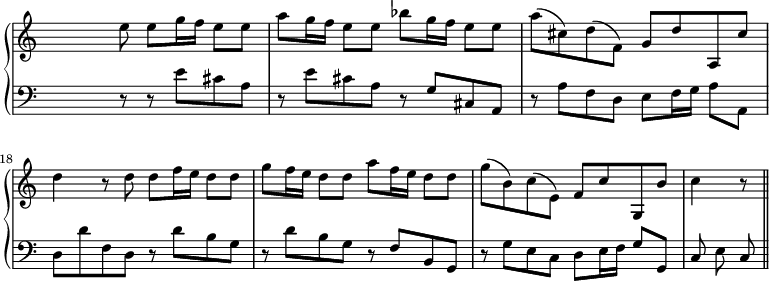 
\new PianoStaff <<
   \new Staff <<
    \set Score.tempoHideNote = ##t
    \tempo 2 = 58
    \override Staff.TimeSignature.transparent = ##t
    \set Score.currentBarNumber = #15
         \relative c''
         { s4. e8 e g16 f e8 e a g16 f e8 e bes' g16 f e8 e a ( cis,) d ( f,) g d' a, cis' d4 r8 d d f16 e d8 d g f16 e d8 d a' f16 e d8 d g ( b,) c ( e,) f c' g, b' c4 r8 \bar "||" }
          >>

    \new Staff <<
           \override Staff.TimeSignature.transparent = ##t
              \clef "bass"
              \relative c' { s4. r8 r e cis a r e' cis a r g cis, a r a' f d e f16 g a8 a, d d' f, d r d' b g r d' b g r f b, g r g' e c d e16 f g8 g, c e c }
     >>
 >>
