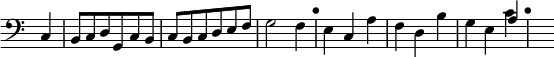 \relative c { \clef bass \time 3/4 \override Score.TimeSignature #'stencil = ##f \partial 4
  c4 | b8 c d g, c b | c b c d e f | g2 f4 | \mark "•"
  e c a' | f d b' | g e << { a } \\ { c } >> \mark "•" s16 }