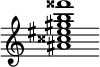 {
  % Rivin lopun pystyviiva ja tahtiosoitus piiloon.
  \override Score.BarLine.break-visibility = ##(#f #t #t)
  \override Staff.TimeSignature #'stencil = ##f
  
  <ais' cisis'' eis'' gis'' b'' fisis'''>1
}
