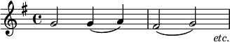 
\language "italiano"
\score {
  \relative do'' {
    \time 4/4
    \key sol \major
    sol2 sol4( la) | fad2( sol)_\markup { \hspace #5 { \italic "etc." }} |
}
  \layout {
    \context { \Staff \RemoveEmptyStaves }
    \context { \Score \override SpacingSpanner.base-shortest-duration = #(ly:make-moment 1/32) }
    indent = 0\cm
    line-width = #120
    \override Score.BarNumber #'stencil = ##f
  }
  \midi { }
}
\header { tagline = ##f}

