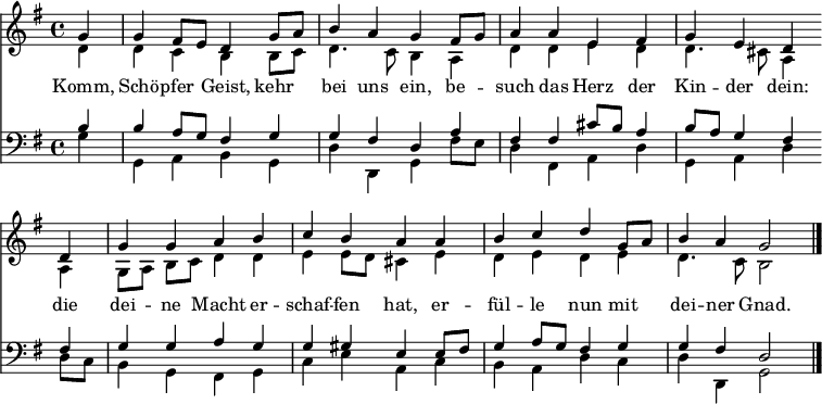 
\transpose c g, { << <<
\new Staff { \clef treble \time 4/4 \partial 4 \key c \major \set Staff.midiInstrument = "church organ" \set Score.tempoHideNote = ##t \override Score.BarNumber  #'transparent = ##t
  \relative c'' 
  << { c4 | c b8 a g4 c8 d | e4 d c b8 c | d4 d a b | c a g \bar"" \break
  g | c c d e | f e d d | e f g c,8 d | e4 d c2 \bar"|." } \\ 
  { g4 | g f e e8 f | g4. f8 e4 d | g g a g | g4. fis8 d4 
  d | c8[ d] e f g4 g | a a8 g fis4 a | g a g4 a | g4. f8 e2 }
  >>
}
\new Lyrics \lyricmode {
Komm,4 Schö -- pfer Geist, kehr bei uns ein,
be -- such das Herz der Kin -- der dein:
die4 dei -- ne Macht er -- schaf -- fen hat,
er -- fül -- le nun mit dei -- ner Gnad.2
}
\new Staff { \clef bass \key c \major \set Staff.midiInstrument = "church organ"
  \relative c'
  << { e4 | e d8 c b4 c | c b g d' | b4 b fis'8 e d4 | e8 d c4 b
  b4 | c c d c | c cis a a8 b | c4 d8 c b4 c | c b g2 } \\
  { c4 | c, d e c | g' g, c b'8 a | g4 b, d g | c, d g 
  g8 f | e4 c b c | f a d, f | e d g f | g g, c2 } >>
}
>> >> }
\layout { indent = #0 }
\midi { \tempo 4 = 90 }
