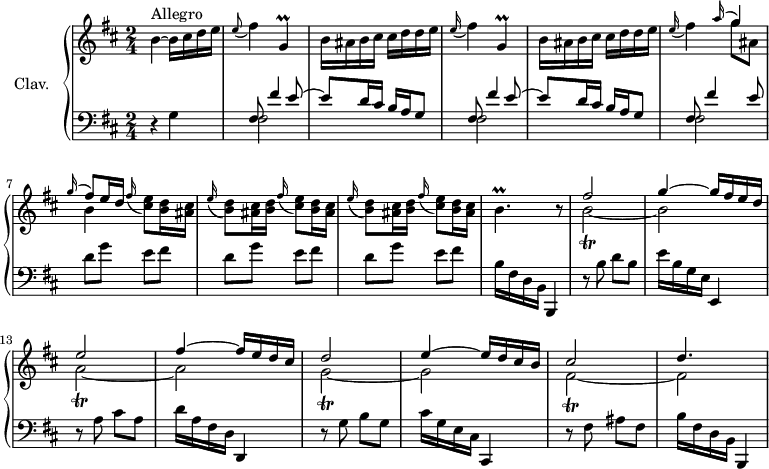 
\version "2.18.2"
\header {
 tagline = ##f
 % composer = "Domenico Scarlatti"
 % opus = "K. 173"
 % meter = "Allegro"
}

%% les petites notes
trillGDown = { \tag #'print { g,4\prall } \tag #'midi { a64 g a g~ g16~ g8 } }
trillBp = { \tag #'print { b4.\prall } \tag #'midi { cis64 b cis b~ b16 b4 } }
trillBb = { \tag #'print { b2\trill~ } \tag #'midi { cis32 b cis b~ b8~ b4~ } }
trillAb = { \tag #'print { a2\trill~ } \tag #'midi { b32 a b a~ a8~ a4~ } }
trillFisb = { \tag #'print { fis2\trill~ } \tag #'midi { g32 fis g fis~ fis8~ fis4~ } }
trillGbDown = { \tag #'print { g,2\trill~ } \tag #'midi { a32 g a g~ g8~ g4~ } }

upper = \relative c'' {
 \clef treble 
 \key b \minor
 \time 2/4
 \tempo 4 = 78
 \set Staff.midiInstrument = #"harpsichord"
 \override TupletBracket.bracket-visibility = ##f

 s8*0^\markup{Allegro}
 b4~ b16 cis d e | \appoggiatura e8 fis4 \trillGDown | b16 ais b cis cis d d e | \appoggiatura e16 fis4 \trillGDown |
 % ms. 5
 b16 ais b cis cis d d e | \appoggiatura e16 fis4 << { \appoggiatura a16 \stemUp g4 | \appoggiatura g16 fis8[ e16 d] } \\ { g8 ais, | b4 } >> \appoggiatura fis'16 < cis e >8 < b d >16 < ais cis > | \repeat unfold 2 { \appoggiatura e'16 < b d >8 < ais cis >16 < b d > | \appoggiatura fis'16 < cis e >8 < b d >16 < ais cis > } |
 % ms. 10
 \trillBp r8 | << { fis'2 | g4~ g16 fis e d | e2 | fis4~ fis16 e d cis } \\ { \trillBb b2 | \trillAb a2 } >>
 % ms. 15
 << { d2 | e4~ e16 d cis b | cis2 | d4. } \\ { \trillGbDown g2 | \trillFisb fis2 } >>
 % ms. 20
 

}

lower = \relative c' {
 \clef bass
 \key b \minor
 \time 2/4
 \set Staff.midiInstrument = #"harpsichord"
 \override TupletBracket.bracket-visibility = ##f

 % ************************************** \appoggiatura a16 \repeat unfold 2 { } \times 2/3 { } \omit TupletNumber 
 r4 g4 | \repeat unfold 2 { << { fis8 fis'4 e8~ | e d16 cis b a g8 } \\ { fis2 } >> }
 % ms. 6
 << { fis8 fis'4 e8 } \\ { fis,2 } >> | \repeat unfold 3 { d'8 g e fis } |
 % ms. 10
 b,16 fis d b b,4 | r8 b''8 d b | e16 b g e e,4 | r8 a'8 cis a | d16 a fis d d,4 |
 % ms. 15
 r8 g'8 b g | cis16 g e cis cis,4 | r8 fis'8 ais fis | b16 fis d b b,4 |
 % ms. 20
 

}

thePianoStaff = \new PianoStaff <<
 \set PianoStaff.instrumentName = #"Clav."
 \new Staff = "upper" \upper
 \new Staff = "lower" \lower
 >>

\score {
 \keepWithTag #'print \thePianoStaff
 \layout {
 #(layout-set-staff-size 17)
 \context {
 \Score
 \override SpacingSpanner.common-shortest-duration = #(ly:make-moment 1/2)
 \remove "Metronome_mark_engraver"
 }
 }
}

\score {
 \keepWithTag #'midi \thePianoStaff
 \midi { }
}
