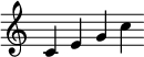 \relative c' { \override Score.TimeSignature #'stencil = ##f \time 5/4 c4 e g c }