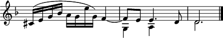 
music = {
    \language "english"
    {
        { \new PianoStaff <<
            { \new Staff <<
                \set Staff.midiInstrument = "violin"
                { \new Voice <<
                    \relative c' {
                        \set Score.tempoHideNote = ##t \tempo 4 = 100
                        \clef treble
                        \key d \minor
                        \time 3/4
                        \omit Staff.TimeSignature
                        
                        \stemUp cs16( e g bf \stemDown a g e' g,) \stemUp f4 ~ |
                        f8 e e4. d8 |
                        d2. |
                        \bar "|."
                    }
                >> }
                { \new Voice <<
                    \relative c' {
                        \clef treble
                        \key d \minor
                        \time 3/4
                        
                        s2. |
                        \stemDown g4 a s |
                        d2. |
                        \bar "|."
                    }
                >> }
            >> }
        >> }
    }
}
\header {
    tagline = "" % no footer
}
\score {
  \music
  \layout { }
}
\score {
  \unfoldRepeats {
    \music
  }
  \midi { }
}
