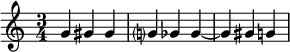  {
    relative c'' {
        time 3/4
        g4 gis gis | g? ges ges~ | ges gis g
    }
}
