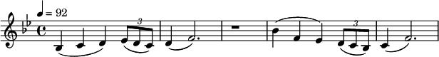 
\ related c '{\ set Staff.midiInstrument = # "corno francés" \ key bes \ major \ time 4/4 \ tempo 4 = 92 bes4 (cd) \ times 2/3 {es8 (dc)} d4 (f2. ) r1 bes4 (f es) \ times 2/3 {d8 (c bes)} c4 (f2.)}
