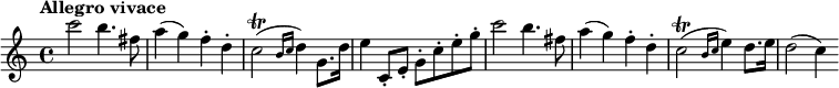 
\relative c''' { \set Staff.midiInstrument = #"church organ"
  \tempo "Allegro vivace"
  \tempo 4 = 169
  \key c \major
  \time 4/4
  c2 b4. fis8 a4( g) f-. d-. c2( \trill \grace { b16 c16 } d4) g,8. d'16 e4
  c,8-. e-. g-. c-. e-. g-. c2 b4. fis8 a4( g) f-. d-. c2( \trill \grace { b16 c16 } e4) d8. e16 d2( c4)
}
