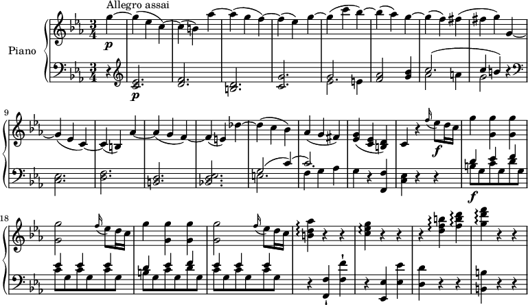 
\version "2.18.2"
\header {
  tagline = ##f
}
upper = \relative c' {
  \clef treble 
  \key ees \major
  \time 3/4
  \tempo "Allegro assai"
  \tempo 4 = 200
  %\autoBeamOff

  % Incipit Mozart, sonate K.457
     \partial 4 g''4 \p ^ \markup {Allegro assai } ~ g (ees c) 
       ~ c (b) aes' ~ 
       aes (g f) ~ f (ees) g ~
       g (c bes) ~ bes (aes) g ~
       g (f)  fis (fis g)
       g, ~ g (ees c) ~
       c (b) aes' ~ aes (g f)
       ~ f (e) des' ~ des (c bes)
       aes (g fis)
       <ees g> (<c ees> <b d>)
       c4 r \grace f'16 (ees8)\f d16 c
       g'4 <g, g'> <g g'> <g g'>2 \grace f'16 (ees8) d16 c
       g'4 <g, g'> <g g'> <g g'>2 \grace f'16 (ees8) d16 c
      <b d aes'>4 \arpeggio r r
      <c ees g>\arpeggio r r
      r <d f b>\arpeggio <f b d>\arpeggio
      <g d' f>\arpeggio r r 
  
}

lower = \relative c' {
  \clef bass
  \key ees \major
  \time 3/4
     \partial 4 r4
     \clef treble <c ees>2.  \p <d f>
     <b d> <c g'> << { \stemDown ees2  e4} \\ {  \stemUp g2. } >>
     <f aes>2 <g bes>4
     << { \stemDown aes2  a4 g2} \\ {  \stemUp c2.  ^ (c4 b) } >> r4 \clef bass
     <c,, ees>2. <d f> <b d> <bes! d es>
    << { \stemDown e!2.  f4 g aes} \\ {  \stemUp g2 ^(c4)  ^ (c2.) } >>
    g4 r <f, f'>
       <c' es> r r
  << { \stemDown b'8\f g  c g d' g, c g c g c g b g c g d' g, c g c g c g } \\ {  \stemUp d'4 ees f  ees ees ees  d ees f ees ees ees } >>
  r4 <f,, f'>-! <f' f'>-!
  r <ees, ees'> <ees' ees'>
  <d d'> r r <b b'> r r
} 

\score {
  \new PianoStaff <<
    \set PianoStaff.instrumentName = #"Piano"
    \new Staff = "upper" \upper
    \new Staff = "lower" \lower
  >>
  \layout {
    \context {
      \Score
      \remove "Metronome_mark_engraver"
    }
  }
  \midi { }
}
