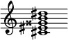 {
  % Rivin lopun pystyviiva ja tahtiosoitus piiloon.
  \override Score.BarLine.break-visibility = ##(#f #t #t)
  \override Staff.TimeSignature #'stencil = ##f
  
  <cis' eis' gisis' b' dis''>1
}
