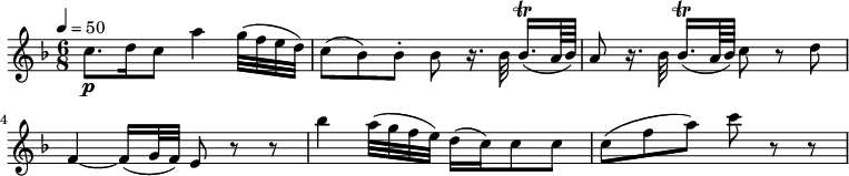 
\relative c'' {
  \version "2.18.2"
    \key f \major
    \time 6/8
    \tempo 4 = 50	
    \tempo "Andante"
   c8.\p  d16  c8  a'4 g32 (f e d)
   c8 (bes) bes-. bes r16. bes32 bes16.\trill [(a64 bes)]
   a8 r16. bes32 bes16.\trill [(a64 bes)] c8 r8 d
   f,4~ f16 (g32 f) e8 r8 r8
   bes''4 a32 (g f e) d16 (c) c8 c
   c (f a) c r8 r8
  }
