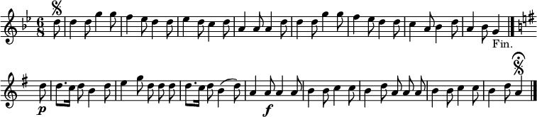 
\relative c'' {
  \key g \minor
  \time 6/8
  \partial 8
  \autoBeamOff
  d8\segno
  d4 d8
  g4 g8
  f4 ees8 d4 d8
  ees4 d8 c4 d8
  a4 a8 a4 d8
  d4 d8 g4 g8
  f4 ees8 d4 d8

  c4 a8 bes4 d8
  a4 bes8 g4_"Fin." \bar "|." \key g \major d'8\p
  d8.[ c16] d8 b4 d8
  e4 g8
  d d d
  d8.[ c16] d8 b4( d8)
  a4 a8\f a4 a8

  b4 b8 c4 c8
  b4 d8 a a a
  b4 b8 c4 c8
  b4 d8 a4\fermata\segno
  \bar "|."
}
