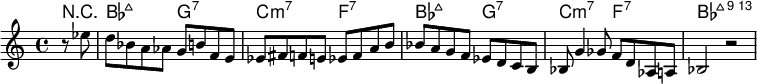 
\version "2.16.2"
<<
\chords {\partial 4 r4 bes2:maj7 g:7 c:m7 f:7 bes2:maj7 g:7 c:m7 f:7 bes2:maj79}
\new Staff \relative c'{\partial 4 r8 es' d  bes  a as g b f e es fis  f e es f a  b bes a g f es d c b bes g'4  ges8 f d as a bes2 r2}
>>