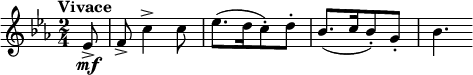 \ relative c '{\ clef treble \ key c \ minor \ time 2/4 \ tempo "Vivace" \ partial 8 * 1 ees8 \ mf-> |  f-> c'4-> c8 |  ees8. ([d16 c8-.) d-.] |  bes8. ([c16 bes8-.) g-.] |  bes4.  }