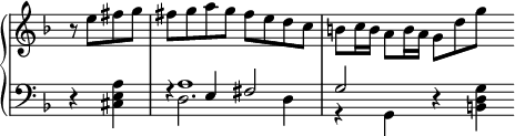 
\language "italiano"
\score {
  \new PianoStaff <<
    \new Staff = "mel" <<
      \override Staff.TimeSignature.style = #'single-digit
      \clef "treble" \key fa \major
      \new Voice = "mel"  { 
        \relative do'' {
         \partial 2 r8 mi[ fad sol] | fad sol la sol fad mi re do |\stemDown si do16 si la8 si16 la sol8[ re' sol] s \bar ""
        }
      }
    >>
    \new Staff = "mel" <<
      \override Staff.TimeSignature.style = #'single-digit
      \clef "bass" \key fa \major
      \new Voice = "mel"  { 
         \relative do' {
          \partial 2 r4 <la mi dod> |
          << {  \once \override NoteColumn.force-hshift = #1.0 la1 } \\ { \once \override NoteColumn.force-hshift = #-1.0 fa4\rest \stemUp mi fad2 } \\ { \once \override NoteColumn.force-hshift = #1.0 \stemDown re2. re4 } >> |
          << { sol2 } \\ { sol,4\rest sol } >> r4 <sol' re si>
        }
      }
    >>
  >>
  \layout {
    indent = 0\cm
    line-width = #120
    \override Score.BarNumber #'stencil = ##f
    \context { \Staff \RemoveEmptyStaves 
                      \remove Time_signature_engraver
    }
  }
  \midi { }
}
\header { tagline = ##f}
