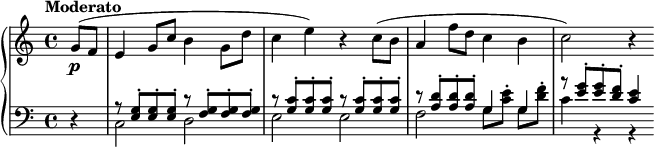 
 \relative c' {
  \new PianoStaff <<
   \new Staff { \key c \major \time 4/4 \partial 4 \tempo "Moderato"
\relative c'' {g8( f e4 g8 c b4 g8 d' c4 e) r c8( b a4 f'8 d c4 b c2) r4
}
  }
\new Dynamics {s4\p}
   \new Staff { \key c \major \time 4/4 \clef bass \partial 4
\relative c {r4
<<
{r8 <e g>-.[ q-. q-.] r <f g>-.[ q-. q-.] r <g c>-.[ q-. q-.] r <g c>-.[ q-. q-.] r <a d>-.[ q-. q-.] \stemDown g[ <c e>-.] g <d' f>-. \stemUp r <e g>-.[ q-. <d f>-.] <c e>4}
\\
{c,2 d e e f \stemUp g4 g \stemDown c r r}
>>
   }}
  >>
 }
