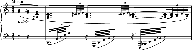 
 \relative c' {
  \new PianoStaff <<
   \new Staff { \key a \minor \set Score.tempoHideNote = ##t \tempo "Mesto" 8=58 \time 3/4 \partial 4.
    \override Score.NonMusicalPaperColumn #'line-break-permission = ##f
    \override TupletBracket.bracket-visibility = ##f
    <a' f>8( <gis e> <f d gis,>
    <d a f>8..[ \times 2/3 { cis64 d e] } <d b g>8..[ \times 2/3 { cis64 d e] }
    <d~ bes~ g~>8[ \times 4/6 { <d~ bes~ g~>16 <d bes g>32 a d a] ) }
   }
   \new Dynamics {
    s8-\markup{ \dynamic p \italic dolce }
   }
   \new Staff { \key a \minor \time 3/4 \clef bass
    \override TupletBracket.bracket-visibility = ##f
    r8 r4 d,,16.( ( \times 2/3 { a'64 d f } a8) r16 g,,64( [ d' g b d8] ) r32. e,,64( [ bes' e g bes d8] )
   }
  >>
 }
