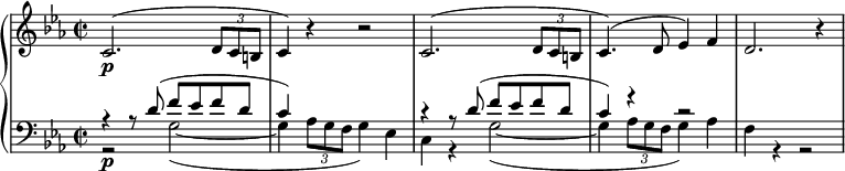 
{ \new PianoStaff <<
 \new Staff { \set Staff.midiInstrument = #"piano"
 \new Voice { \set Score.tempoHideNote = ##t \tempo 2 = 40 \relative c' {
 \clef "treble" \key es \major \stemUp \time 2/2 | % 1
 c2. \p ^( \once \override TupletBracket #'stencil = ##f
 \times 2/3 {
 d8 c8 b8
 }
 | % 2
 c4 ) r4 r2 | % 3
 c2. ^( \once \override TupletBracket #'stencil = ##f
 \times 2/3 {
 d8 c8 b8
 }
 | % 4
 c4. ) ^( d8 es4 ) f4 | % 5
 d2. r4 } } }
 
 \new Staff { <<
 \new Voice { \set Staff.midiInstrument = #"piano" \relative d' {
 \voiceOne \clef "bass" \key es \major \stemUp \time 2/2
 r4 r8 d8 ^( f8 es8 f8 d8 | % 2
 c4 ) s4 s2 | % 3
 r4 r8 d8 ^( f8 es8 f8 d8 | % 4
 c4 ) r4 r2 s1 } }
 
 \new Voice { \relative g {
 \voiceTwo \clef "bass" \key es \major \stemDown \time 2/2 
 r2 \p g2 _( _~ | % 2
 g4 \once \override TupletBracket #'stencil = ##f
 \times 2/3 {
 as8 g8 f8
 }
 g4 ) es4 | % 3
 c4 r4 g'2 _( _~ | % 4
 g4 \once \override TupletBracket #'stencil = ##f
 \times 2/3 {
 as8 g8 f8
 }
 g4 ) as4 | % 5
 f4 r4 r2 } } 
 >> }
>> }
