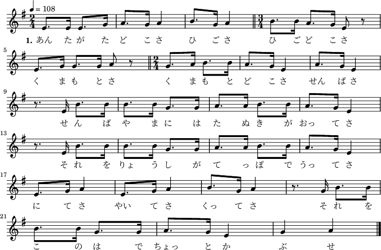 
\relative {
 \set Staff.midiInstrument = #"violin"
	\key g \major
	\time 2/4
	\tempo 4 = 108
 \new Voice \relative c' {
	e8. e16 e8. g16 | a8. g16 a4 | b8. g16 a4 \bar "||"
 \time 3/4
 b8. b16 a8. g16 e8 r8 \bar "|" \break
 e8. g16 g8. g16 a8 r8 \bar "||"
 \time 2/4
 g8. a16 b8. b16 | a8. g16 e4 | a8. g16 e4 | \break
 r8. e16 b'8. b16 | b8. b16 g8. g16 | a8. a16 b8. b16 | a8. g16 e4 | \break
 r8. e16 b'8. b16 | b8. b16 g8. g16 | a8. a16 b8. b16 | a8. g16 e4 | \break
 e8. g16 a4 | e8. g16 a4 | b8. g16 a4 | r8. g16 b8. b16 | \break
 b8. b16 g8. g16 | a8. g16 e4 | g4 a4 \bar "|."
 }
\addlyrics {
	\set stanza = "1."
 あん た が た ど こ さ ひ ご さ
 ひ ご ど こ さ く ま も と さ 
 く ま も と ど こ さ せん ば さ
 せ ん ば や ま に は た ぬ き が おっ て さ 
 そ れ を りょ う し が て っ ぽ で うっ て さ 
 に て さ やい て さ くっ て さ
 そ れ を こ の は で ちょっ と か ぶ せ
}
}
