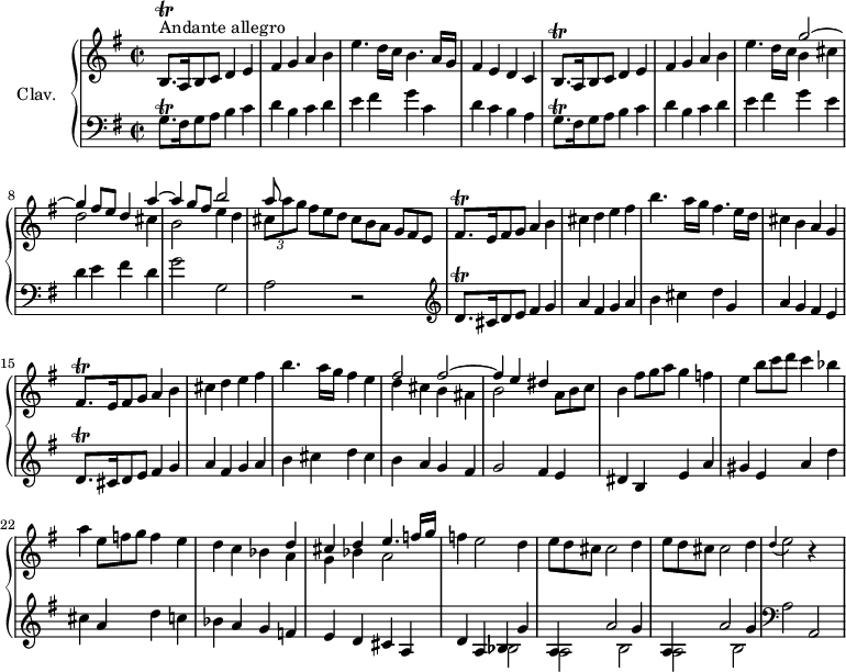 
\version "2.18.2"
\header {
  tagline = ##f
  % composer = "Domenico Scarlatti"
  % opus = "K. 283"
  % meter = "Andante allegro"
}

%% les petites notes
trillBqpDown   = { \tag #'print { b,8.\trill } \tag #'midi { c32 b c b~ b16 } }
trillBqp       = { \tag #'print { b8.\trill } \tag #'midi { c32 b c b~ b16 } }
trillGqp       = { \tag #'print { g8.\trill } \tag #'midi { a32 g a g~ g16 } }
trillDqp       = { \tag #'print { d8.\trill } \tag #'midi { e32 d e d~ d16 } }
trillFisqp     = { \tag #'print { fis8.\trill } \tag #'midi { g32 fis g fis~ fis16 } }
appoDEb        = { \tag #'print { \appoggiatura d4 e2 } \tag #'midi { d4 e4 } }
upper = \relative c'' {
  \clef treble 
  \key g \major
  \time 2/2
  \tempo 2 = 72
  \set Staff.midiInstrument = #"harpsichord"
  \override TupletBracket.bracket-visibility = ##f

      s8*0^\markup{Andante allegro}
      \trillBqpDown a16 b8 c d4 e | fis g a b | e4. d16 c b4. a16 g | fis4 e d c |
      % ms. 5
      \trillBqp a16 b8 c d4 e | fis g a b | e4. d16 c << { g'2~ | g4 fis8 e d4 a'4~ | a g8 fis b2 | a8 } \\ { b,4 cis | d2 s4 cis4 b2 e4 d | \times 2/3 { cis8[ a' g] } } >> \omit TupletNumber 
      % ms. 10 suite
      \times 2/3 { fis8 e d } \times 2/3 { cis8[ b a] } \times 2/3 { g8 fis e } | \trillFisqp e16 fis8 g | a4 b cis d e fis |
      % ms. 13
      b4. a16 g fis4. e16 d | cis4 b a g | \trillFisqp e16 fis8 g | a4 b cis d e fis |
      % ms. 16
      b4. a16 g fis4 e | << { fis2 fis~ | fis4 e dis } \\ { d4 cis b ais | b2 } >> | \times 2/3 { a8 b c } | b4 \times 2/3 { fis'8 g a } g4 f |
      % ms. 21
      e4 \times 2/3 { b'8 c d } c4 bes | a \times 2/3 { e8 f g } f4 e | d c bes << { d4 | cis d e4. f16 g } \\ { a,4 | g bes a2 } >> | f'4 e2 d4 |
      % ms. 26
      \repeat unfold 2 { \times 2/3 { e8 d cis } cis2 d4 } | \appoDEb r4 s4 |

}

lower = \relative c' {
  \clef bass
  \key g \major
  \time 2/2
  \set Staff.midiInstrument = #"harpsichord"
  \override TupletBracket.bracket-visibility = ##f

    % ************************************** \appoggiatura a16  \repeat unfold 2 {  } \times 2/3 { }   \omit TupletNumber 
      \trillGqp fis16 g8 a b4 c | d b c d | e fis g c, | d c b a |
      % ms. 5
      \trillGqp fis16 g8 a b4 c | d b c d | e fis g e | d e fis d |
      % ms. 9
      g2 g, | a r2 |   \clef treble  \trillDqp cis16 d8 e fis4 g | a fis g a |
      % ms. 13
      b4 cis d g, | a g fis e |  \trillDqp cis16 d8 e fis4 g | a fis g a |
      % ms. 16
      b4 cis d cis | b a g fis | g2 fis4 e | dis b e a |
      % ms. 21
      gis4 e a d | cis a d c | bes a g f | e d cis a | d a << { bes4 g' } \\ { bes,2  } >>
      % ms. 26
      \repeat unfold 2 { << { a4 a'2 g4 } \\ { a,2 b } >> }   \clef bass a2 a, |

}

thePianoStaff = \new PianoStaff <<
    \set PianoStaff.instrumentName = #"Clav."
    \new Staff = "upper" \upper
    \new Staff = "lower" \lower
  >>

\score {
  \keepWithTag #'print \thePianoStaff
  \layout {
      #(layout-set-staff-size 17)
    \context {
      \Score
     \override SpacingSpanner.common-shortest-duration = #(ly:make-moment 1/2)
      \remove "Metronome_mark_engraver"
    }
  }
}

\score {
  \keepWithTag #'midi \thePianoStaff
  \midi { }
}
