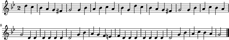 
\relative c'' {
  \key g \minor
  \override Staff.TimeSignature #'style = #'single-digit
  \time 2/2
  \partial 2
  d c
  bes a g fis
  g2 g4 bes a bes c a
  bes g d' c
  bes a g fis
  g2 g4 bes
  a c bes a

  g2 d4 d
  d d d d
  d2 g4 bes
  a g f e
  f d d d
  d d d d
  d2 g4 bes
  a c bes a
  g2
  \bar "|."
}
