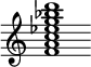 {
  % Rivin lopun pystyviiva ja tahtiosoitus piiloon.
  \override Score.BarLine.break-visibility = ##(#f #t #t)
  \override Staff.TimeSignature #'stencil = ##f
  
  <f' a' c'' ees'' g'' bes'' d'''>1
}
