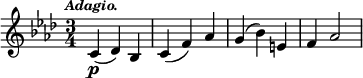 { \time 3/4 \key f \minor \tempo \markup { \smaller \italic Adagio. } \relative c' { c4\p( des) bes c( f) aes g( bes) e, f aes2 } }