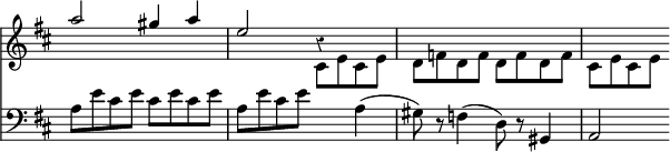 << \override Score.Rest #'style = #'classical \override Score.TimeSignature #'stencil = ##f \new Staff << \key d \major \new Voice \relative a'' { \stemUp a2 gis4 a | e2 r4 }
\new Voice \relative c' { \stemDown s1 s2 cis8 e cis e | d f d f d f d f | cis e cis e } >>
\new Staff { \clef bass \key d \major \relative a { a8 e' cis e cis e cis e | a, e' cis e s4 a,( | gis8) r f4( d8) r gis,4 | a2 } } >>