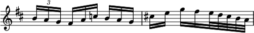 { \override Score.TimeSignature #'stencil = ##f \time 3/8 \key d \major \relative b' { \times 2/3 { b16[ a g] } \override TupletNumber #'stencil = ##f \times 2/3 { fis[ a c] } \times 2/3 { b[ a g] } | cis![ e] g[ fis  \override TupletBracket #'bracket-visibility = ##f \times 4/5 { e32 d cis b a] } | } }