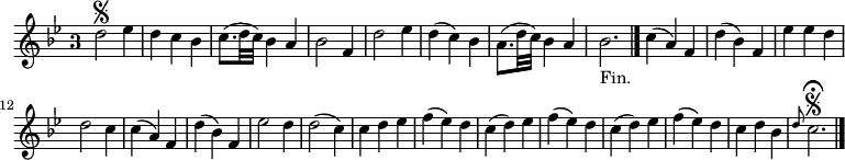 
\relative c'' {
  \key bes \major
  \override Staff.TimeSignature #'style = #'single-digit
  \time 3/4
  d2\segno ees4
  d c bes
  c8.( d32 c) bes4 a
  bes2 f4
  d'2 ees4
  d4( c) bes
  a8.( d32 c) bes4 a
  bes2._"Fin." \bar "|."
  c4( a) f

  d'( bes) f
  ees' ees d
  d2 c4
  c( a) f
  d'( bes) f
  ees'2 d4
  d2( c4) c d ees
  f( ees) d
  c( d) ees

  f( ees) d
  c( d) ees
  f( ees) d
  c d bes
  \grace d8 c2.\fermata\segno
  \bar "|."
}
