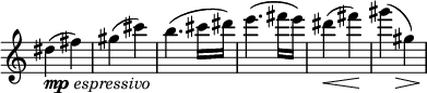 
\relative c'' \new Staff \with { \remove "Time_signature_engraver" } {
 \key c \major \time 2/4 \set Score.tempoHideNote = ##t \tempo "" 4=132
 dis4_\markup { \dynamic mp \italic espressivo }( fis) gis( cis) b4.( cis16 dis)
 e4.( fis16 e) dis4\< ( fis\! ) gis4*1/2( s8\> gis,4*1/2) s8\!
}
