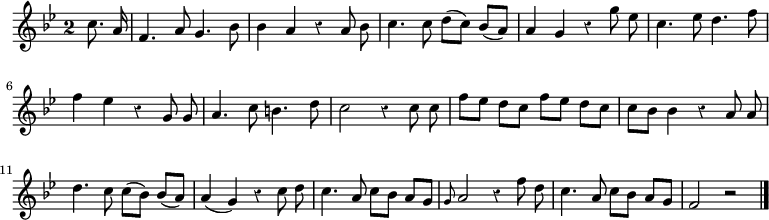 
\relative c'' {
  \override Rest #'style = #'classical
  \key bes \major
  \override Staff.TimeSignature #'style = #'single-digit
  \time 2/2
  \partial 4
  \autoBeamOff
  c8. a16
  f4. a8 g4. bes8
  bes4 a r a8 bes
  c4. c8 d[( c]) bes[( a)]
  a4 g r g'8 ees
  c4. ees8 d4. f8

  f4 ees r g,8 g
  a4. c8 b4. d8
  c2 r4 c8 c
  f[ ees] d[ c] f[ ees] d[ c]
  c[ bes] bes4 r a8 a
  d4. c8 c[( bes]) bes[( a])

  a4( g) r c8 d
  c4. a8 c[ bes] a[ g]
  \grace g a2 r4 f'8 d
  c4. a8 c[ bes] a[ g]
  f2 r
  \bar "|."
}
