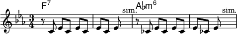 \version "2.18.2"
<<\chords {f2.:7 s as:m6} 
 \relative c' {\key es \major \time 3/4 r8 c8 \noBeam es8[ c] \noBeam es c es[ c] es s4.^\markup{sim.} r8 ces8 \noBeam es8[ ces] \noBeam es ces es[ ces] es s4.^\markup{sim.}}
>>